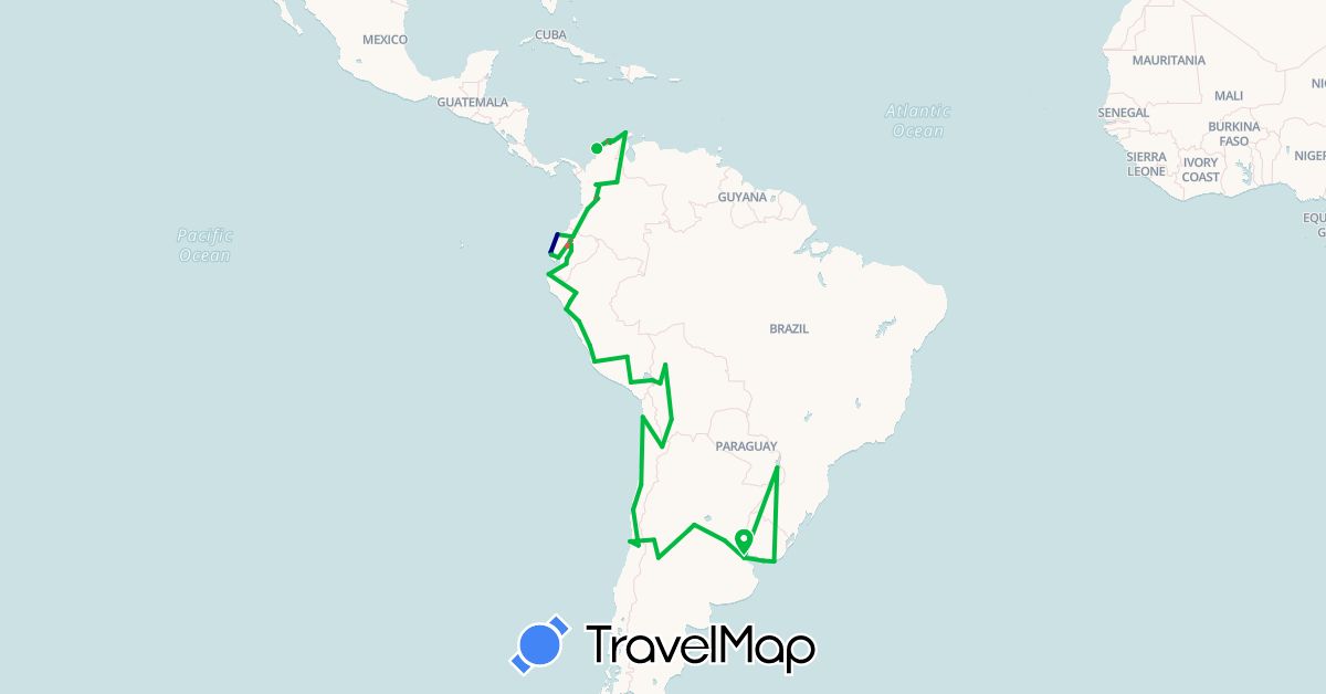 TravelMap itinerary: driving, bus, plane, hiking in Argentina, Bolivia, Chile, Colombia, Ecuador, Peru, Uruguay (South America)
